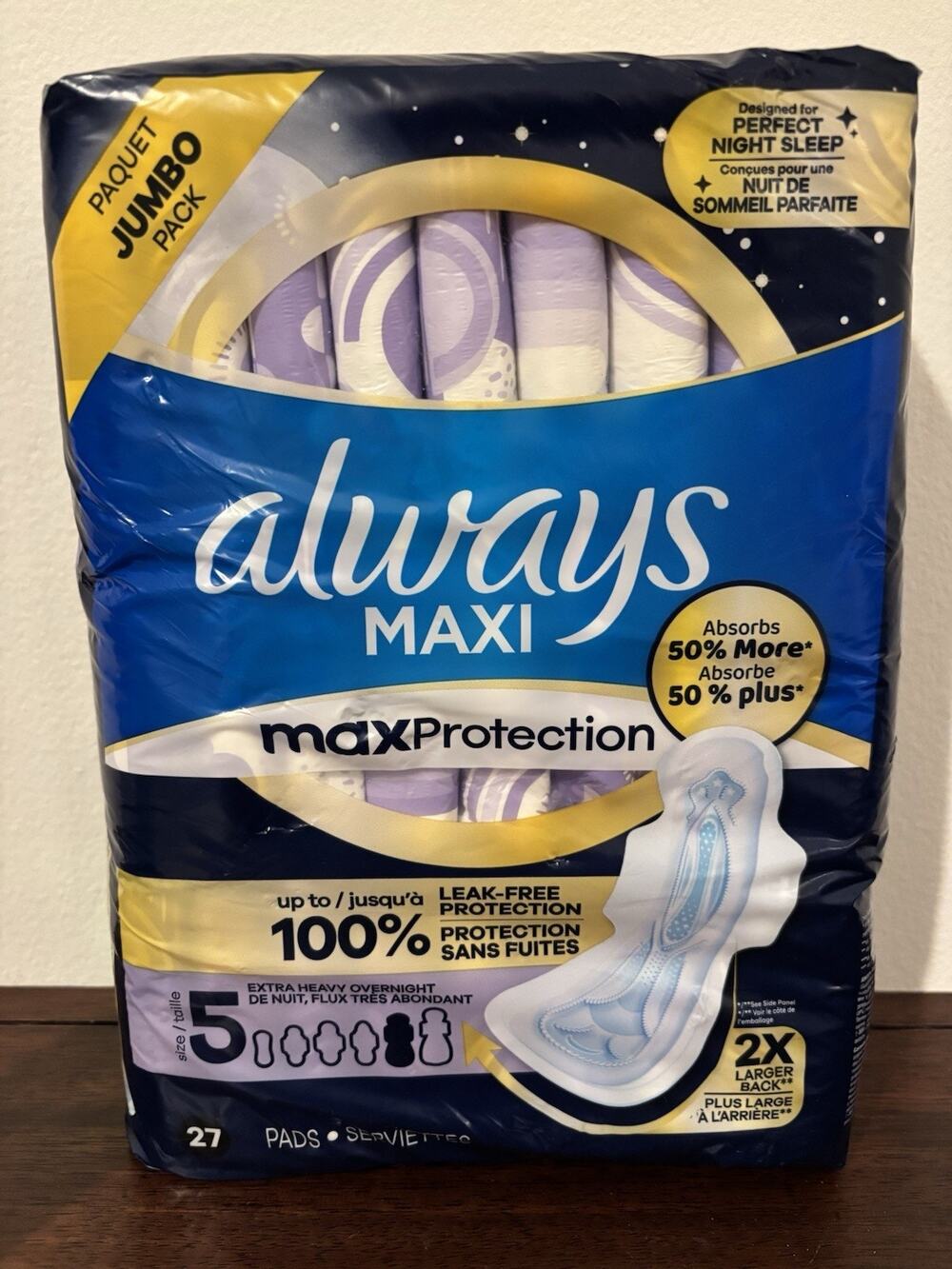 Always Maxi Pads Size 5 Overnight Absorbency with Wings, 27 ct